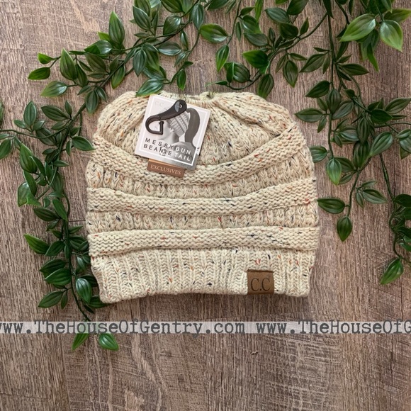CC Boutique Accessories - Oatmeal Confetti MESSY BUN CC Beanie